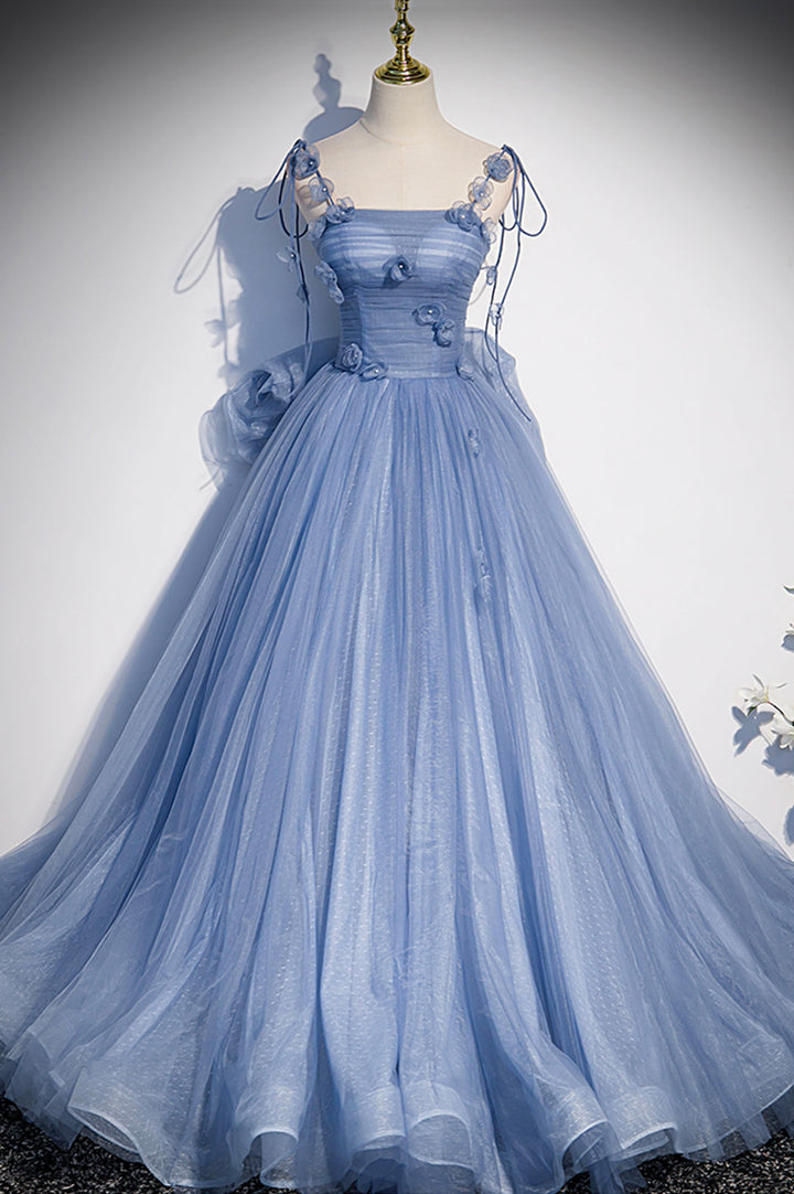 Luolandi Blue Spaghetti Strap Tulle Long Dress Evening Dress with Bow Floor Length