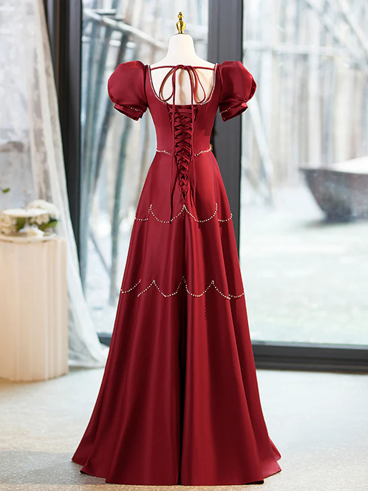 Luolandi Elegant Burgundy Satin Long Prom Dress with Beaded Burgundy Short Sleeve Evening Dress Floor Length