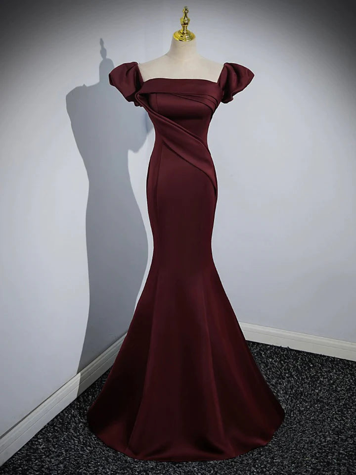 Luolandi Burgundy Satin Long Prom Dress Mermaid Off the Shoulder Evening Party Dress Sexy