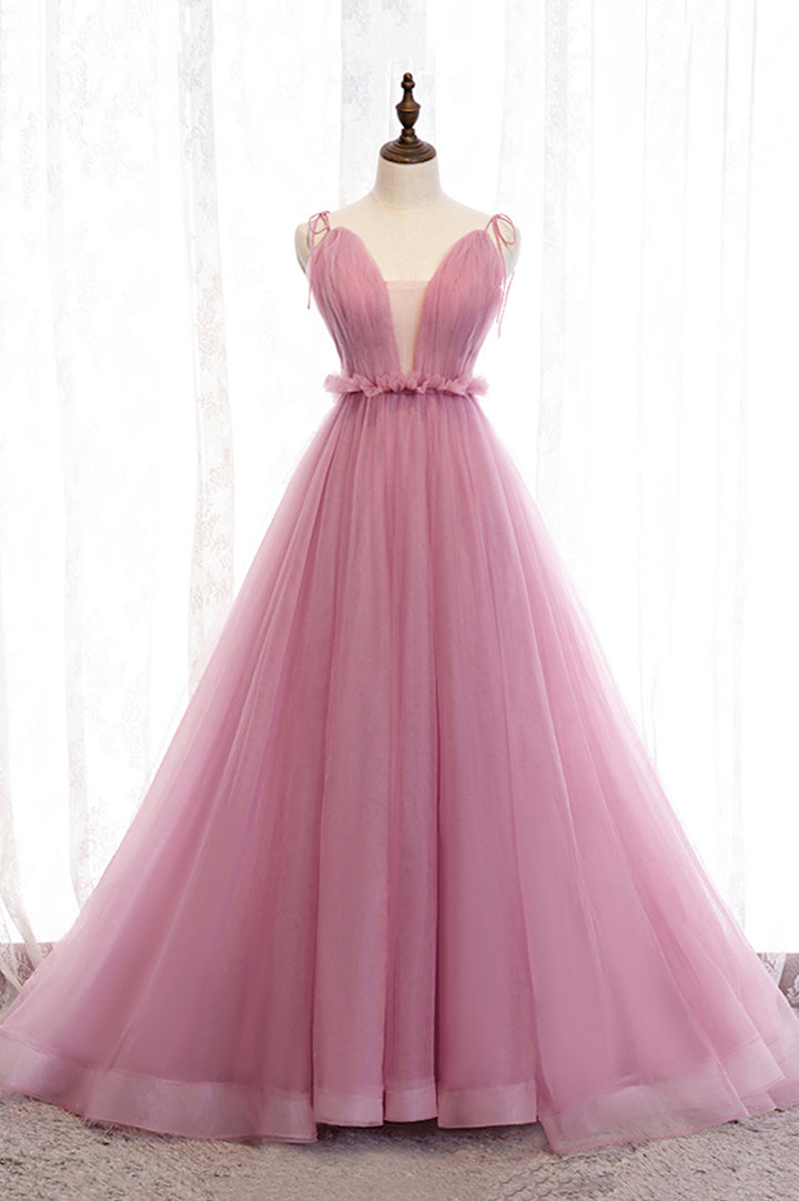 Luolandi Pink Tulle Long Prom Dresses A-Line Evening Party Dresses V-neck Sexy