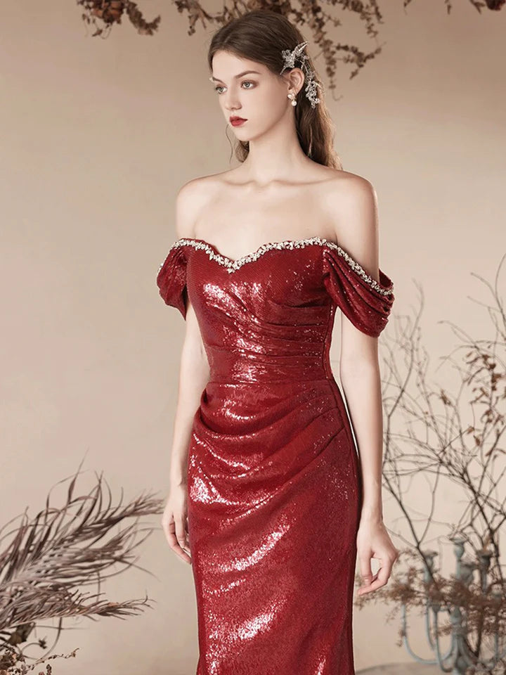 Luolandi Burgundy Sequins Long Prom Dress Mermaid Off the Shoulder Evening Party Dress Sexy
