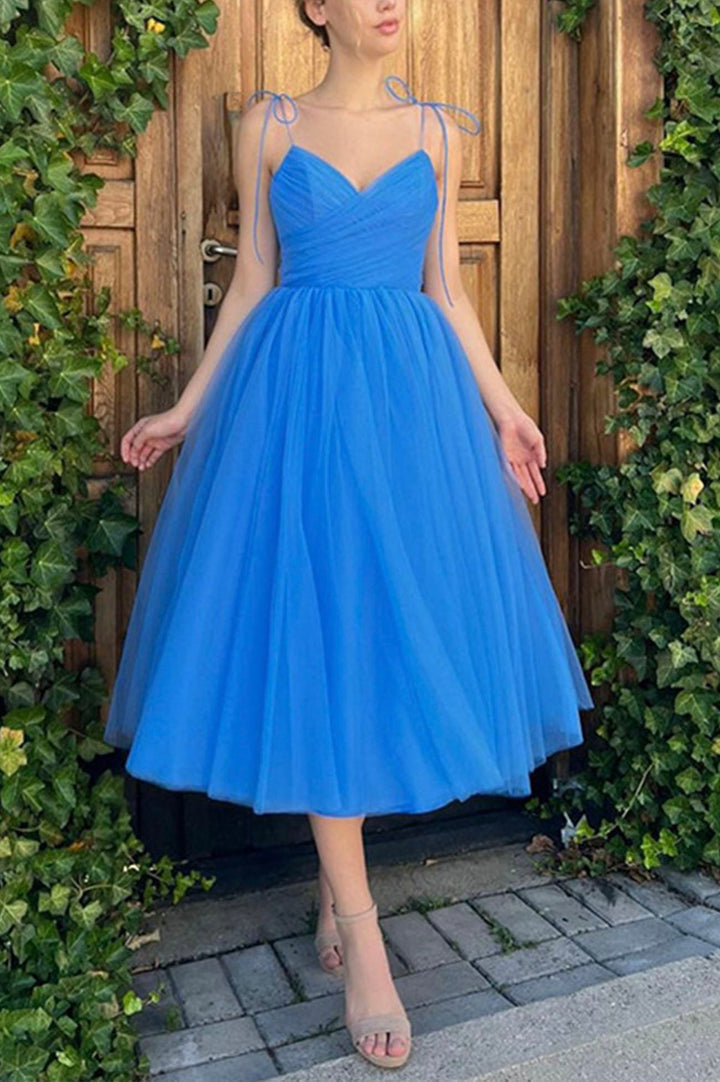 Luolandi Blue V-Neck Tulle Short Prom Dress Blue A-Line Party Dress Homecoming Dresses