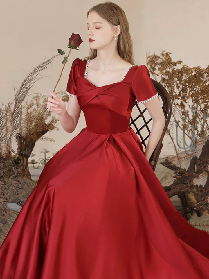 Luolandi Burgundy Satin Long Prom Dress Elegant Short Sleeve A-Line Evening Dress Party Dress Floor Length