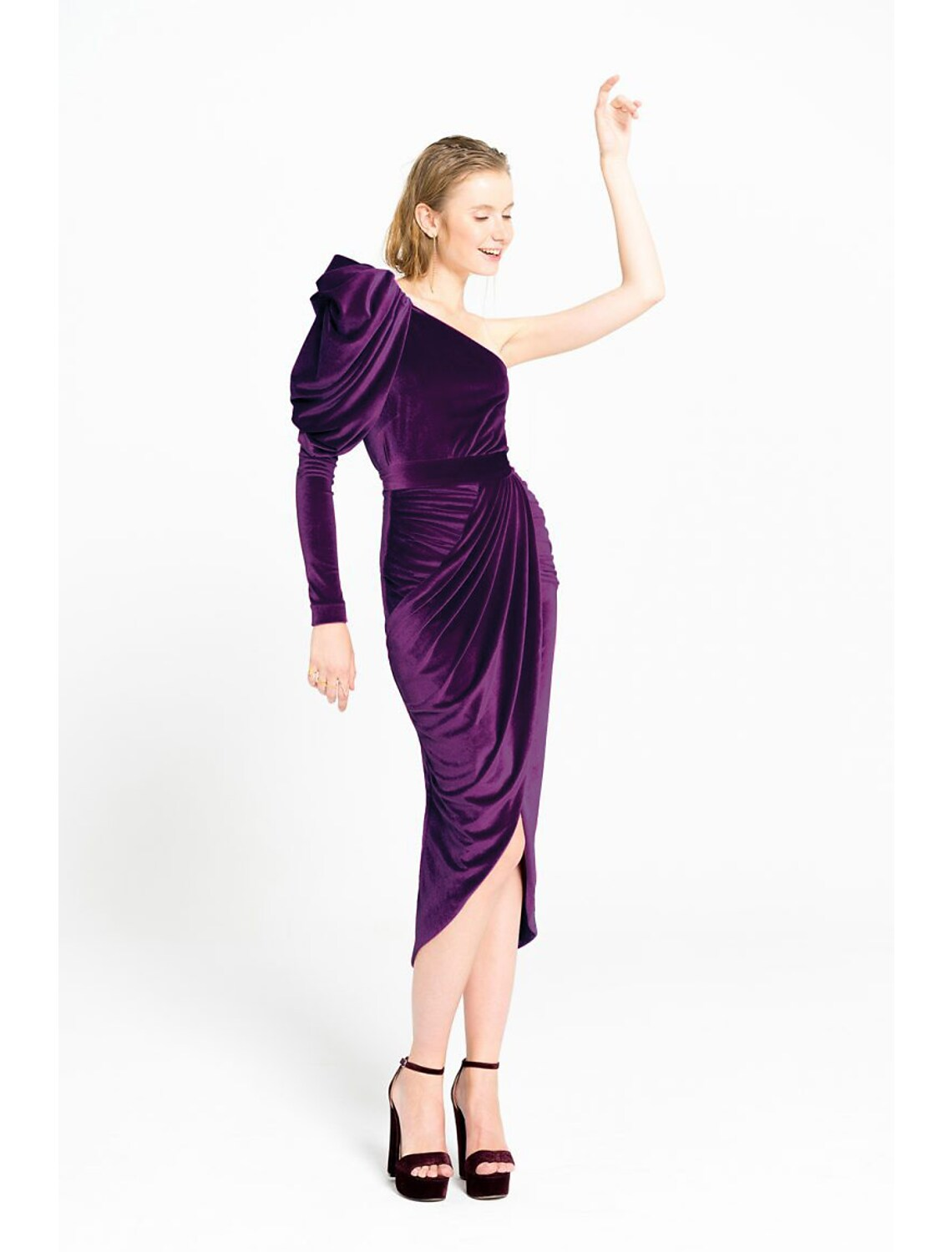 Luolandi Sheath / Column Minimalist Elegant Wedding Guest Prom Dress One Shoulder Long Sleeve Tea Length Velvet with Ruched