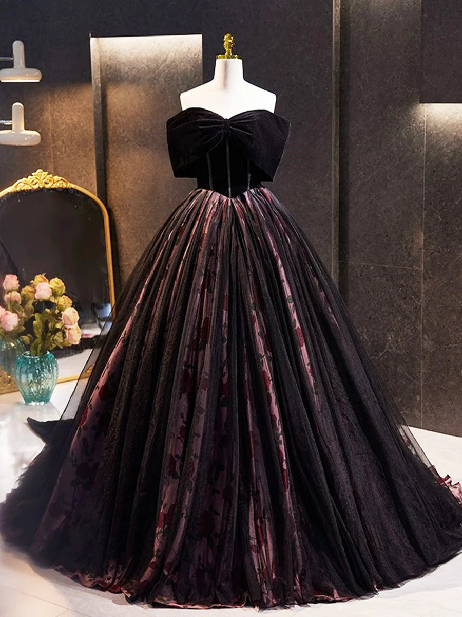 Luolandi Black Velvet Tulle Long Prom Dress with Rose Print Pattern Elegant Off the Shoulder Party Dress Sexy