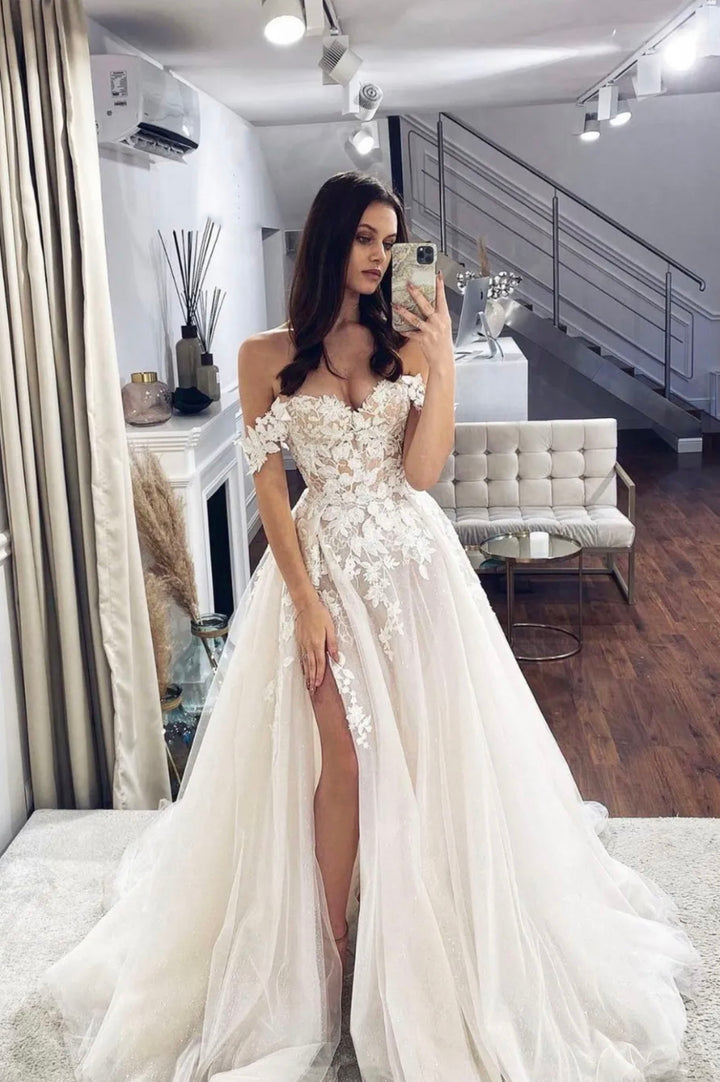 Luolandi Off the Shoulder Tulle Lace Long Prom Dress A-Line Evening Dress with Slit Wedding Dress