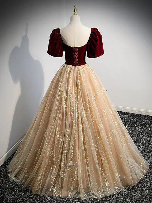 Luolandi A-Line Prom Dresses Princess Dress Engagement Floor Length Short Sleeve Sweetheart Tulle with Bow(s)