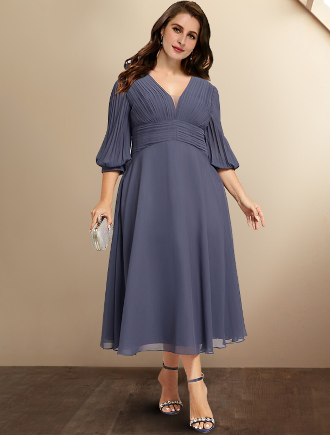 Luolandi A-Line Mother of the Bride Dresses Plus Size Hide Belly Curve Elegant Dress Formal Tea Length Half Sleeve V Neck Chiffon with Pleats