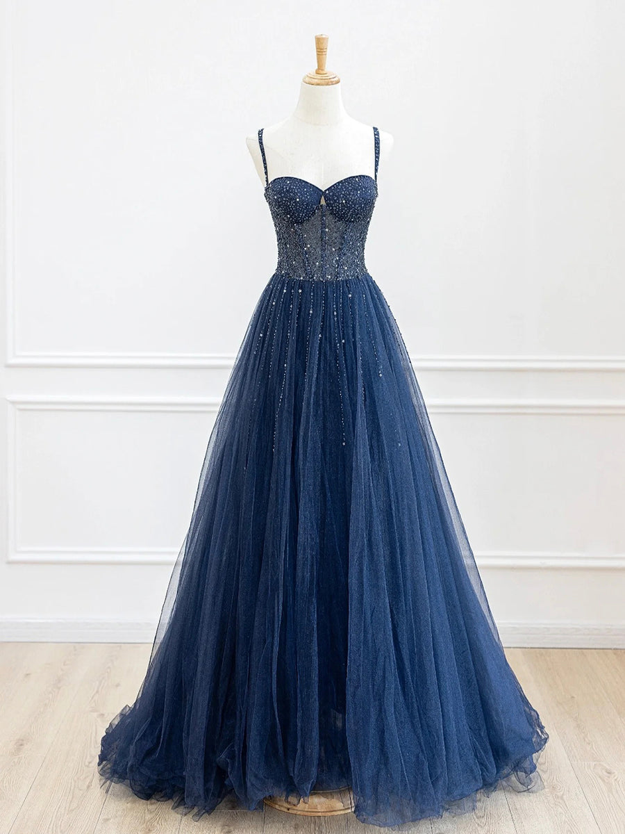 Luolandi Blue Spaghetti Strap Tulle Sequins Long Prom Dress Beautiful A-Line Evening Party Dress Sparkly