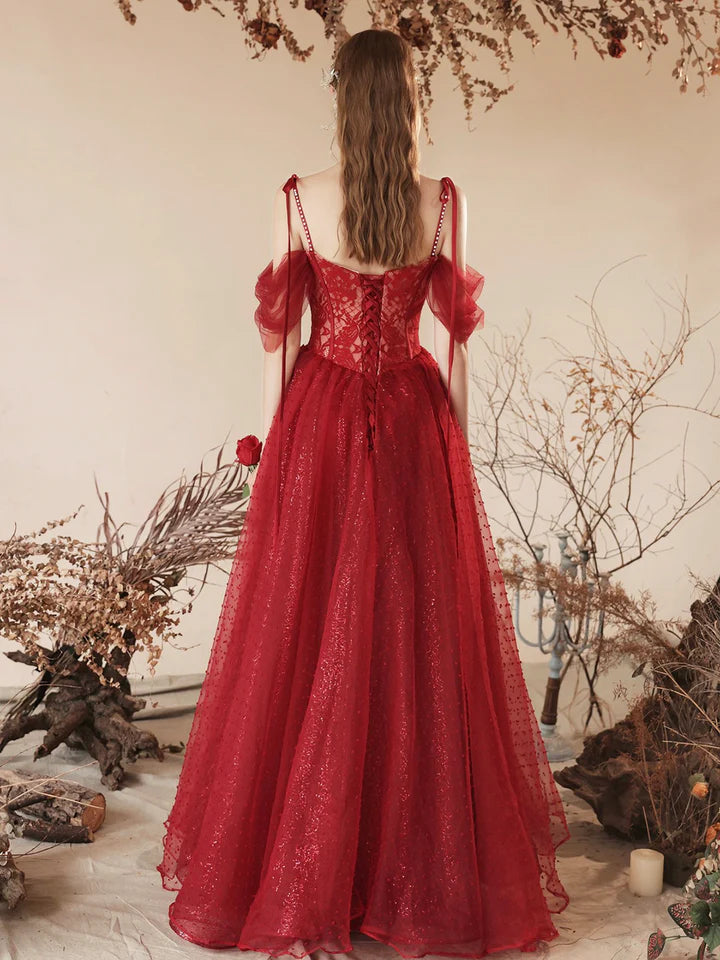 Luolandi Dark Red Tulle Beaded Long Prom Dress Beautiful Off the Shoulder Evening Party Dress Sexy