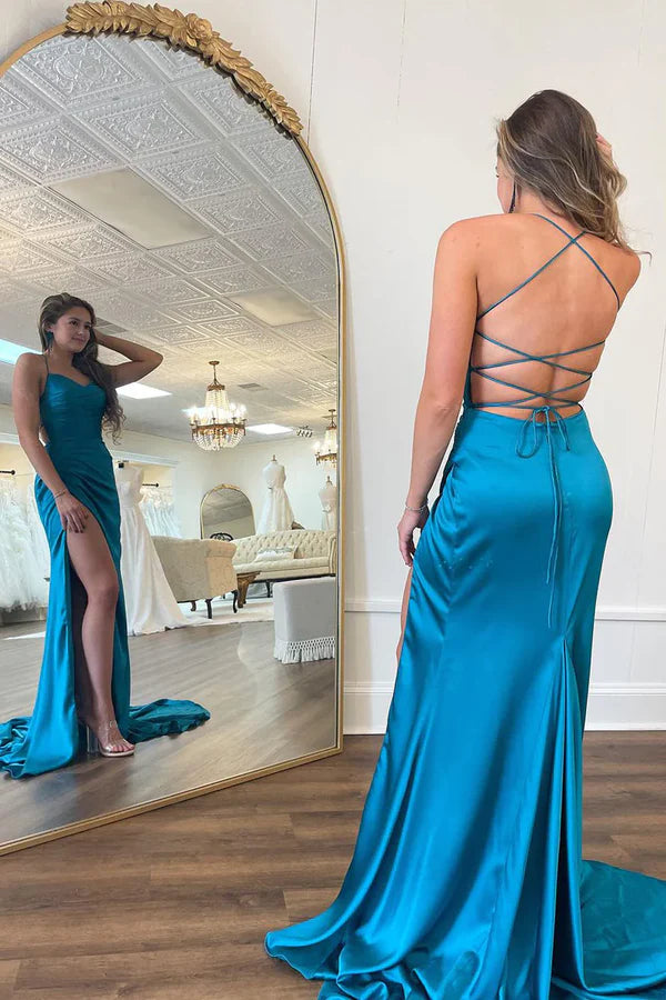 Luolandi Peacock Blue Spaghetti Straps Satin Mermaid Prom Dresses with Slit Evening Party Dress