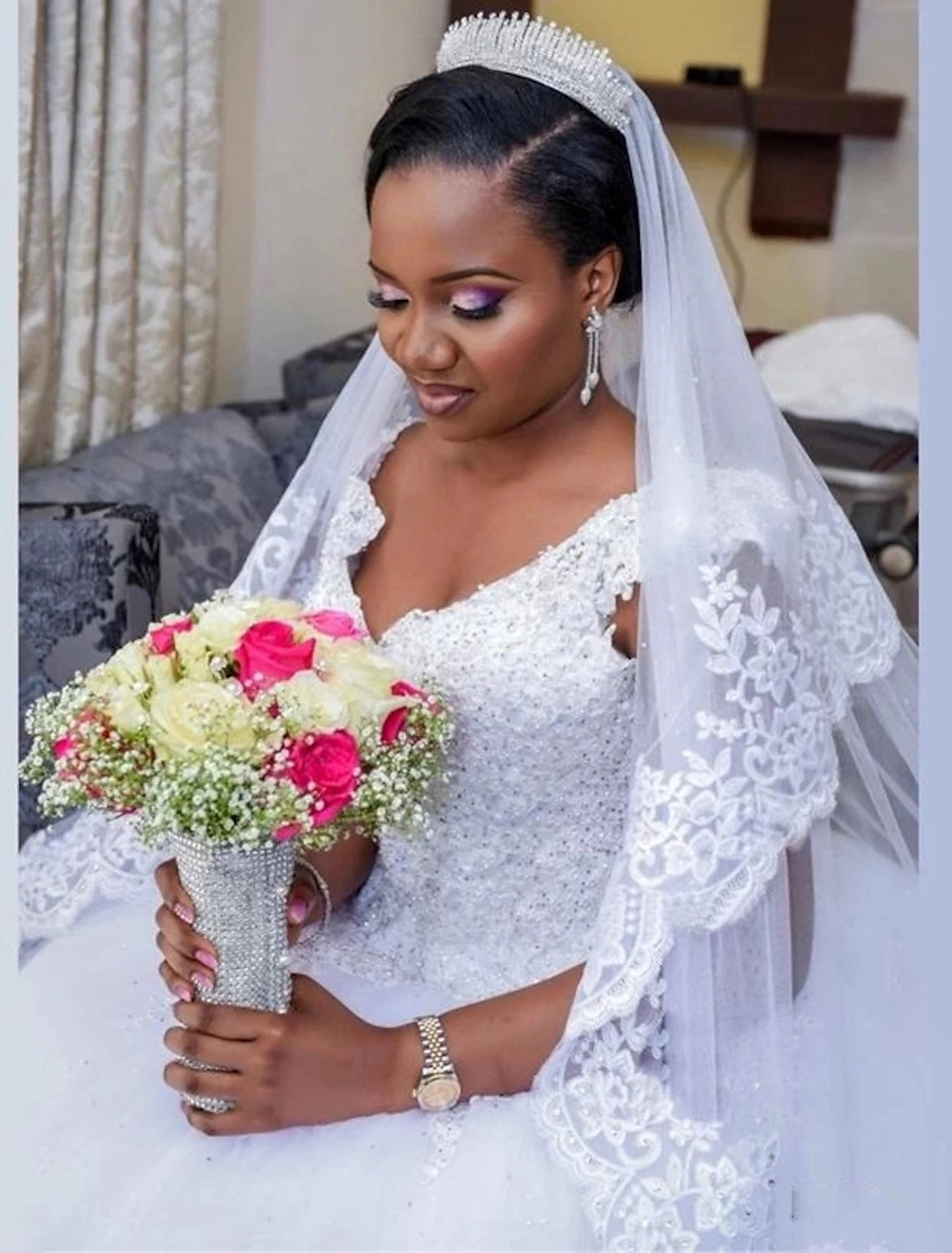 Luolandi Sexy Formal Wedding Dresses Ball Gown V Neck Cap Sleeve Chapel Train Lace Bridal Gowns With Beading