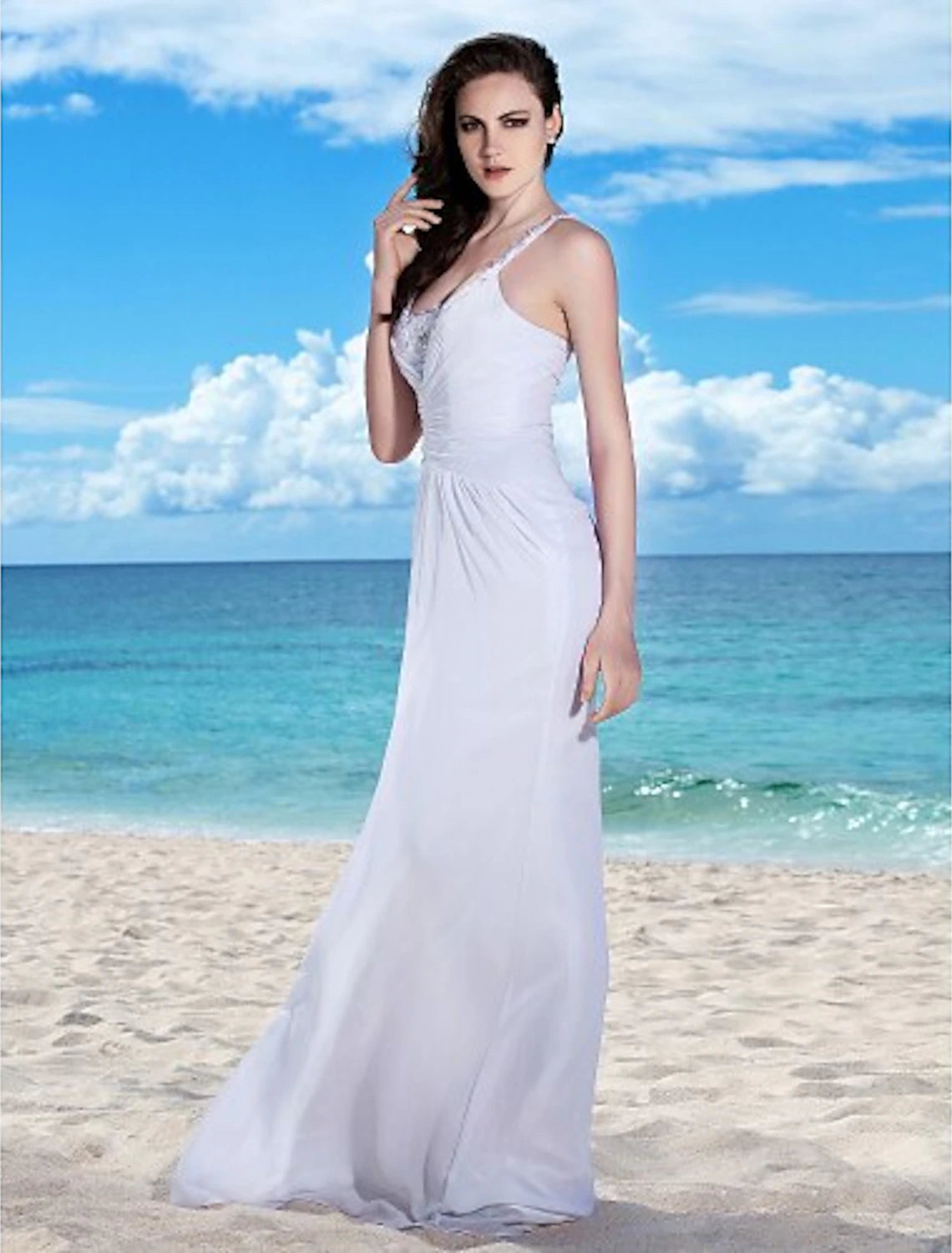 Luolandi Beach Wedding Dresses Sheath / Column Spaghetti Strap Sleeveless Floor Length Chiffon Bridal Gowns With Ruched