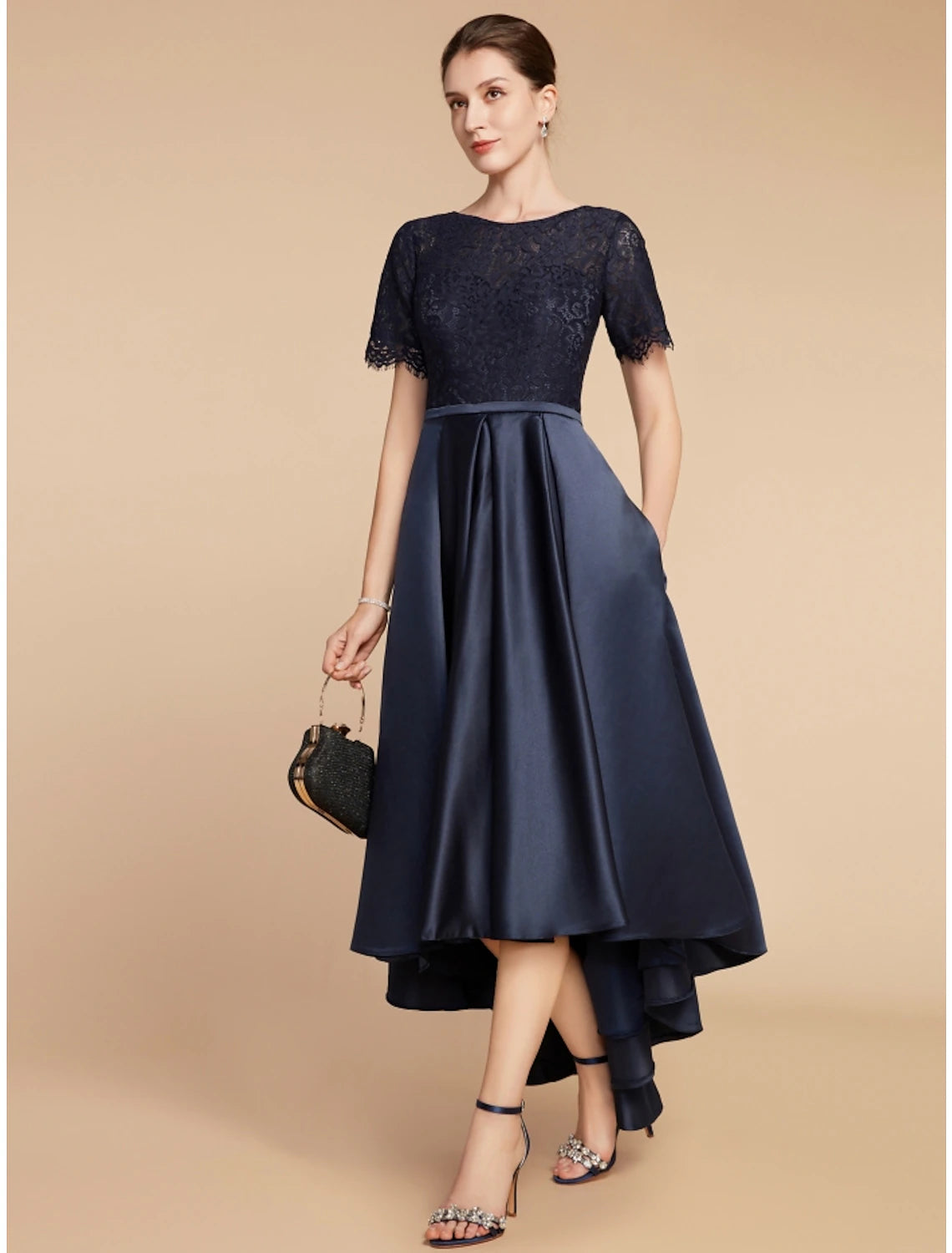 Luolandi A-Line Mother of the Bride Dress Wedding Guest Elegant Jewel Neck Asymmetrical Satin Lace Short Sleeve with Ruching