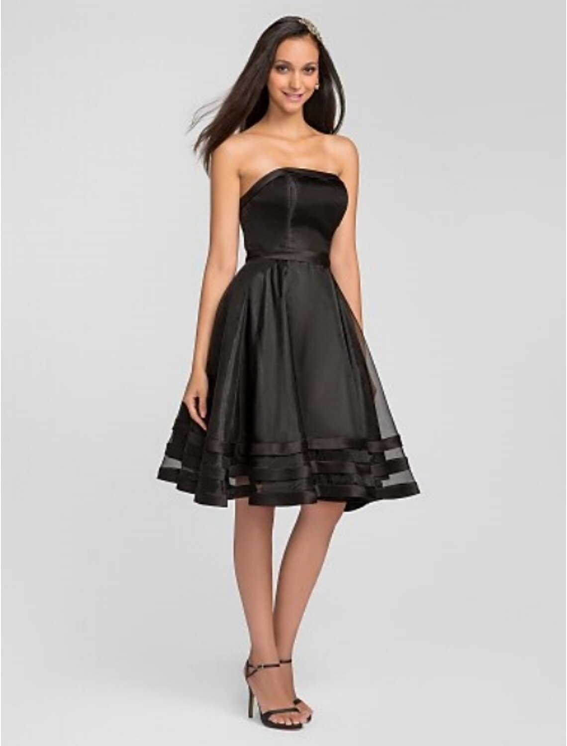 Luolandi A-Line Strapless Knee Length Organza Bridesmaid Dress with Pleats Ruffles