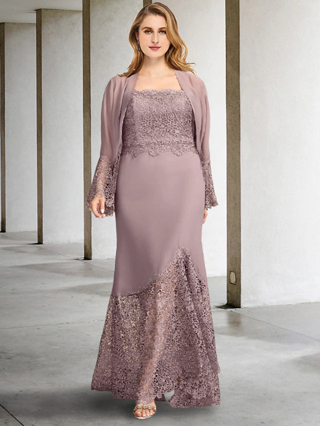 Luolandi Two Piece A-Line Plus Size Curve Mother of the Bride Dresses Elegant Dress Formal Asymmetrical Sleeveless Square Neck Chiffon with Appliques