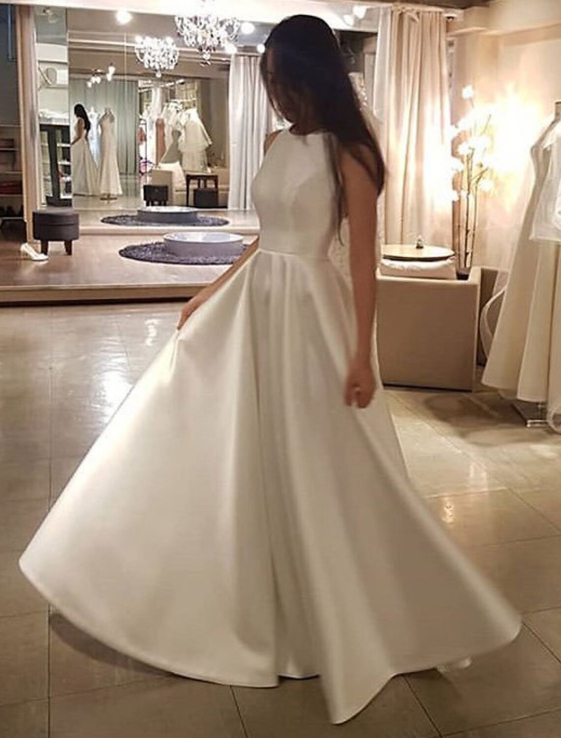 Luolandi Reception Casual Wedding Dresses A-Line Scoop Neck Sleeveless Sweep / Brush Train Satin Bridal Gowns