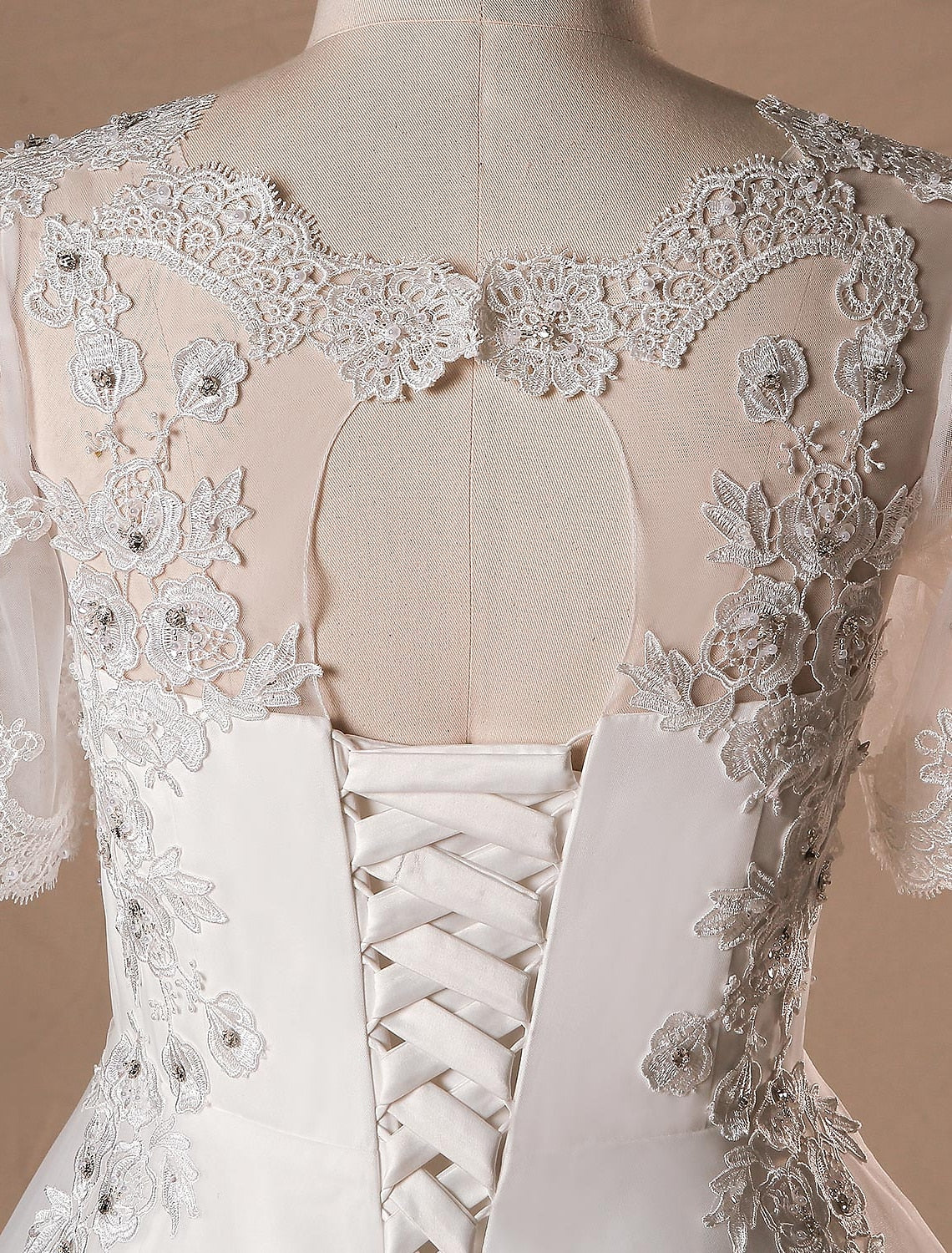 Luolandi Hall Wedding Dresses A-Line V Neck Half Sleeve Cathedral Train Satin Bridal Gowns With Lace