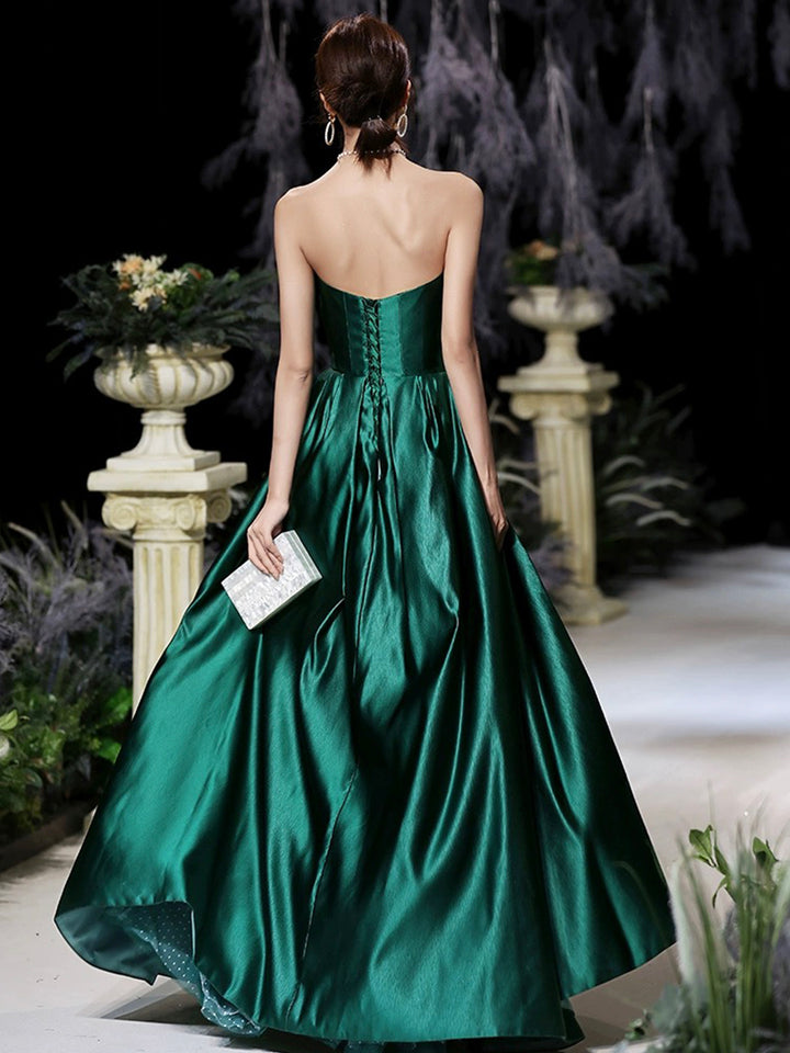 Luolandi Dark Green Satin Long Prom Dress Beautiful A-Line Strapless Evening Party Dress Off Shoulder