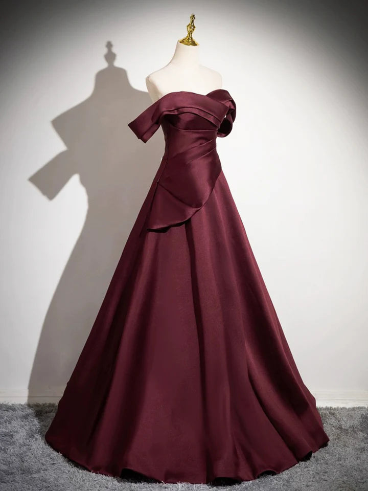 Luolandi Dark Burgundy Satin Long Prom Dress A-Line Off the Shoulder Evening Party Dress Sexy