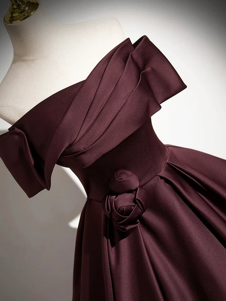 Luolandi Dark Burgundy Satin Long Prom Dress Elegant A-Line Off the Shoulder Evening Party Dress Sexy