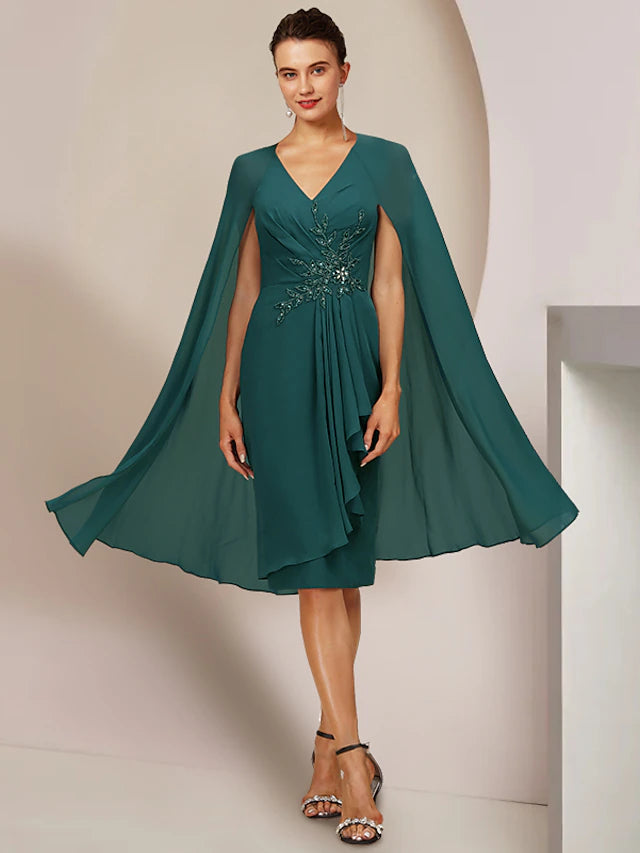 Luolandi Sheath / Column Mother of the Bride Dress Wedding Guest Vintage Elegant V Neck Knee Length Chiffon Sleeveless with Pleats Crystals