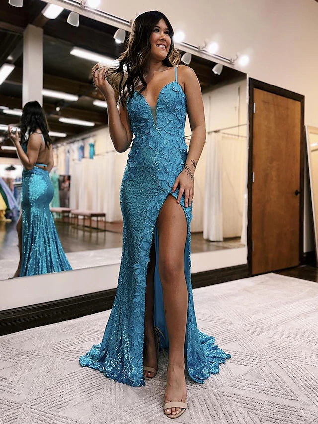 Luolandi Mermaid / Trumpet Prom Dresses Sparkle & Shine Dress Formal Sweep / Brush Train Sleeveless V Neck Sequined Backless with Sequin