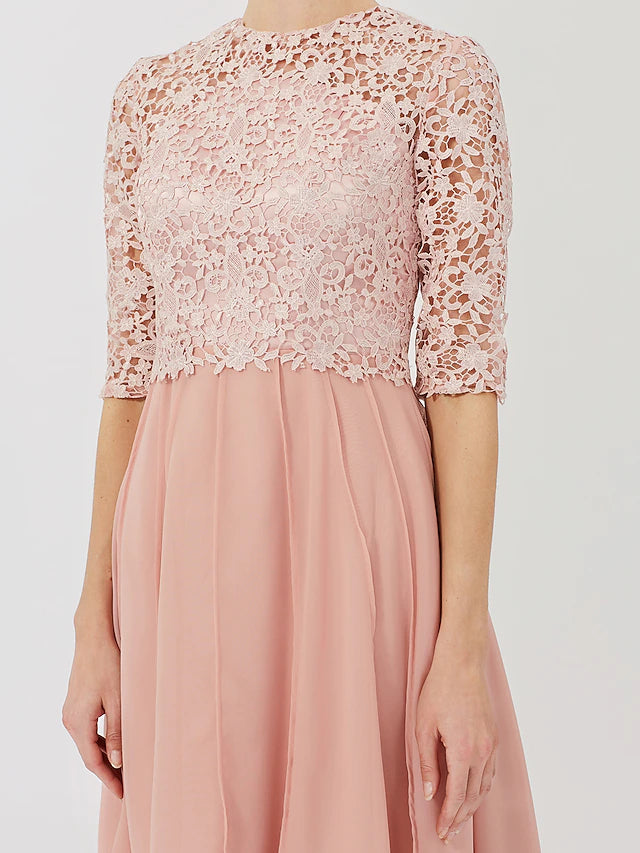 Luolandi Ball Gown Mother of the Bride Dress Formal Classic & Timeless Elegant & Luxurious Convertible Dress Illusion Neck Knee Length Chiffon Floral Lace 3/4 Length Sleeve