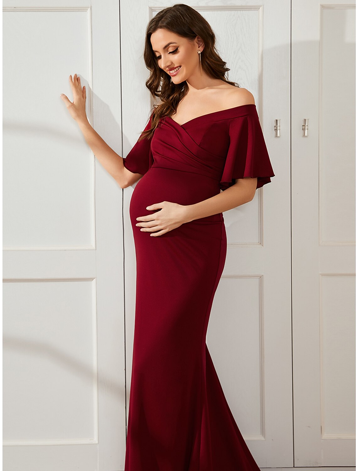 Luolandi Mermaid / Trumpet Maternity Dresses Maternity Dress Formal Court Train Short Sleeve Off Shoulder Fabric with Ruched