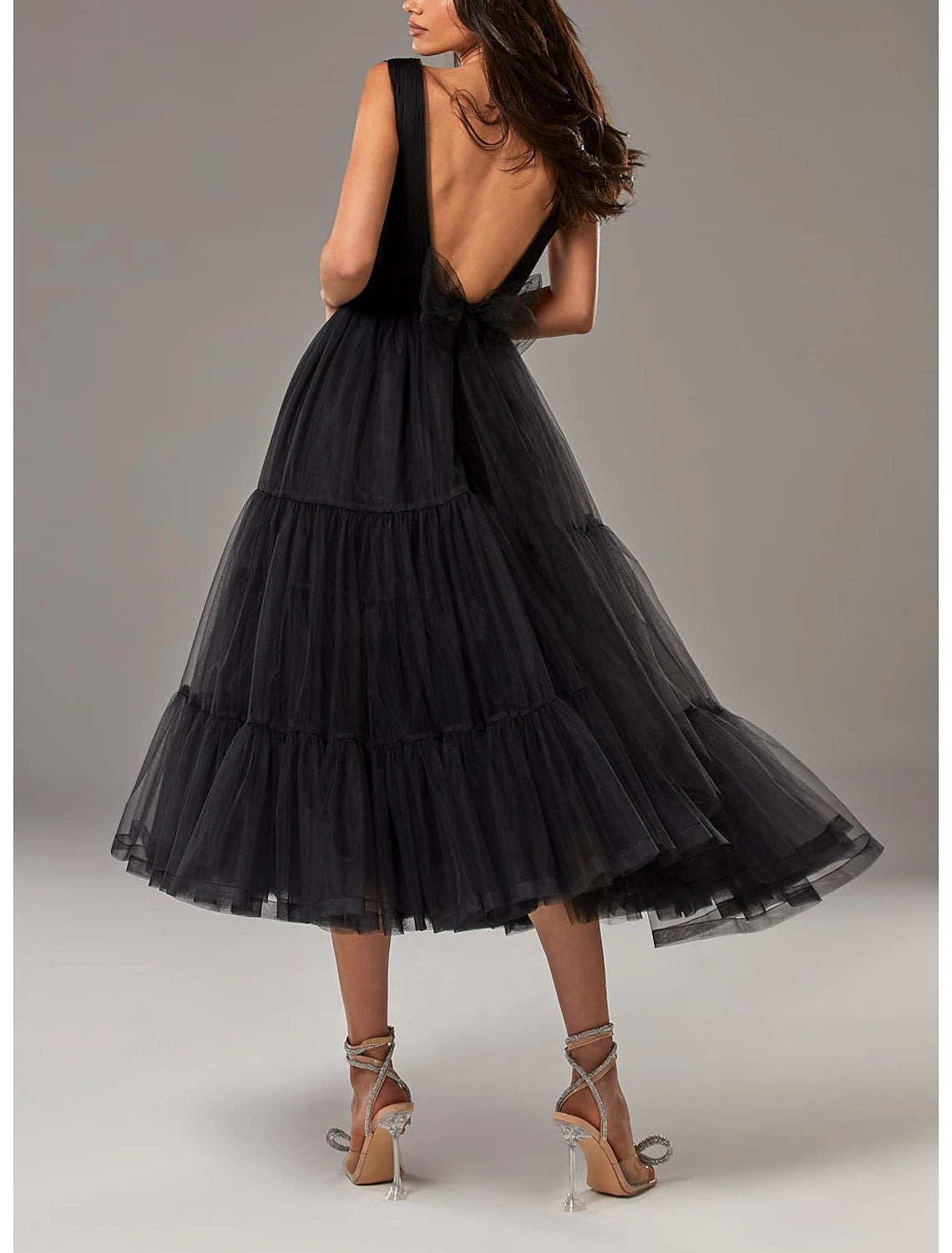 Luolandi A-Line Prom Dresses Princess Dress Wedding Guest Tea Length Sleeveless V Neck Tulle with Bow(s)