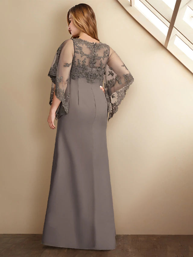 Luolandi Sheath / Column Plus Size Curve Mother of the Bride Dresses Elegant Dress Formal Floor Length Half Sleeve Jewel Neck Chiffon