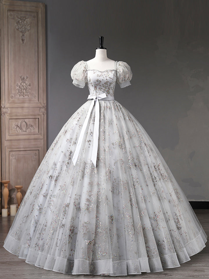 Luolandi Gray Tulle Sequins Long Prom Dress A-Line Short Sleeve Evening Dress Beautiful