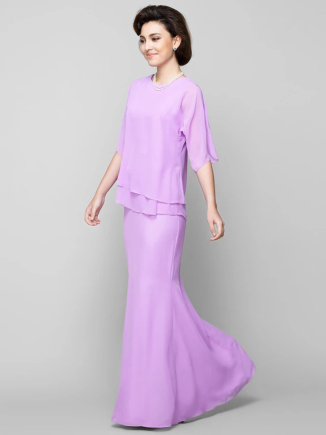 Luolandi Mermaid / Trumpet Mother of the Bride Dress Elegant Scoop Neck Floor Length Chiffon Half Sleeve