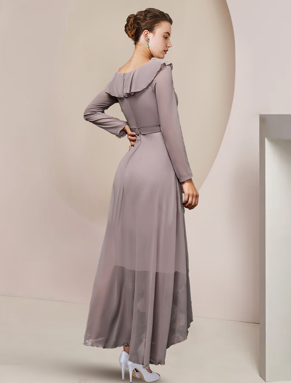 Luolandi A-Line Mother of the Bride Dress Wedding Guest Elegant V Neck Asymmetrical Ankle Length Chiffon Long Sleeve with Ruffles