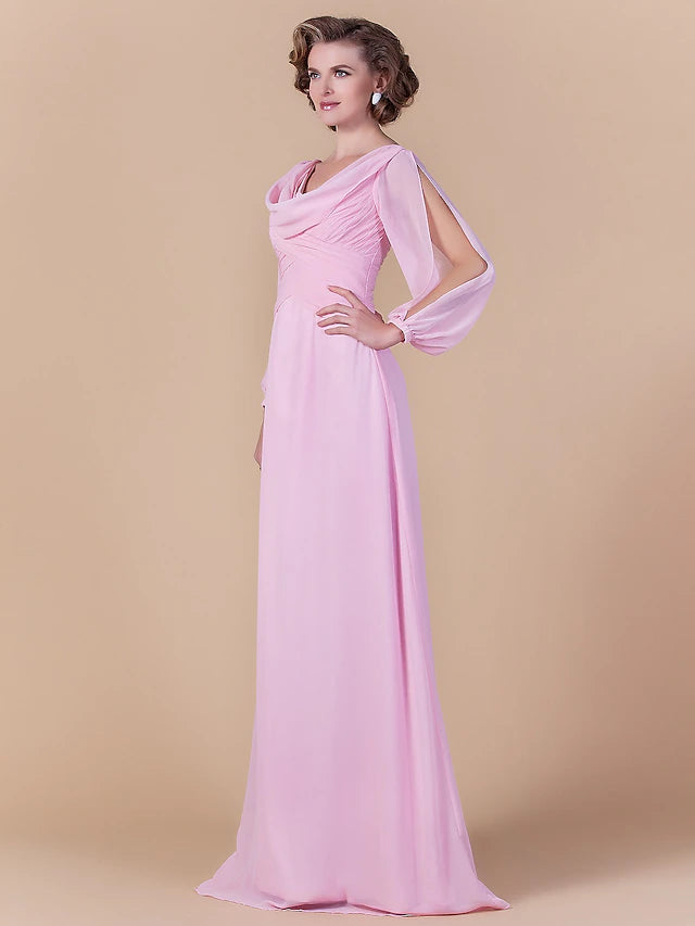 Luolandi Sheath / Column Mother of the Bride Dress Vintage Inspired Cowl Neck Floor Length Chiffon Long Sleeve with Criss Cross