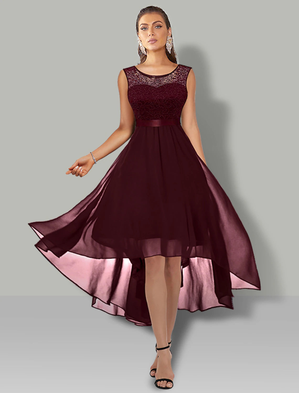 Luolandi A-Line Cocktail Dresses Vintage Dress Party Wear Asymmetrical Sleeveless Jewel Neck Chiffon with Pleats Lace Insert