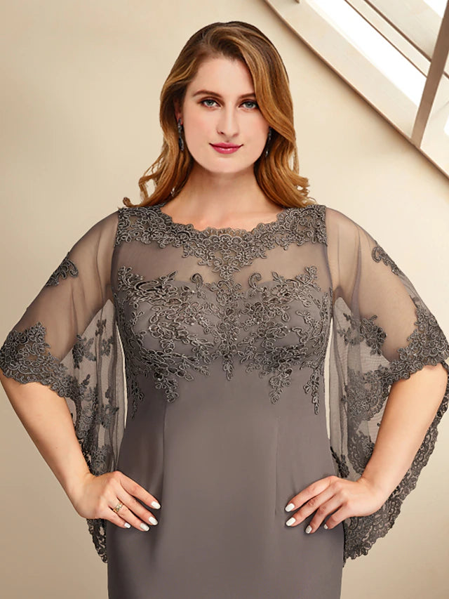 Luolandi Sheath / Column Plus Size Curve Mother of the Bride Dresses Elegant Dress Formal Floor Length Half Sleeve Jewel Neck Chiffon