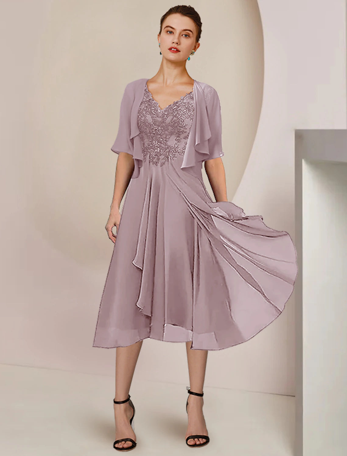 Luolandi Two Piece A-Line Mother of the Bride Dress Formal Wedding Guest Elegant V Neck Asymmetrical Tea Length Chiffon Lace Short Sleeve Wrap Included with Pleats