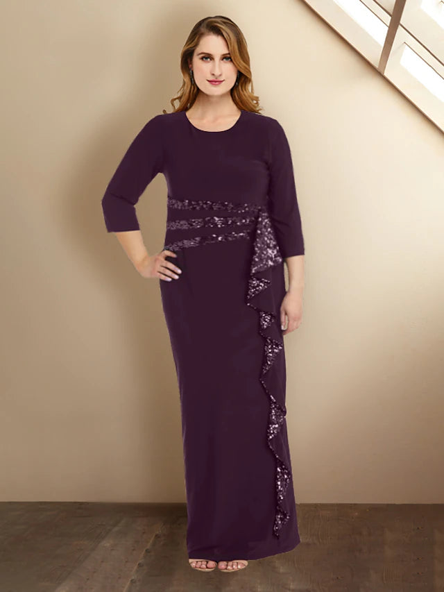 Luolandi Sheath / Column Plus Size Curve Mother of the Bride Dresses Elegant Dress Formal Floor Length 3/4 Length Sleeve Jewel Neck Sequined with Ruffles