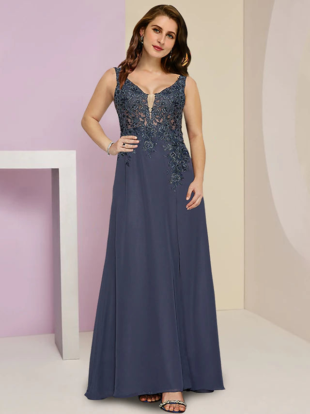 Luolandi Plus Size Curve Mother of the Bride Dress Wedding Guest Party Elegant V Neck Floor Length Chiffon Lace Sleeveless