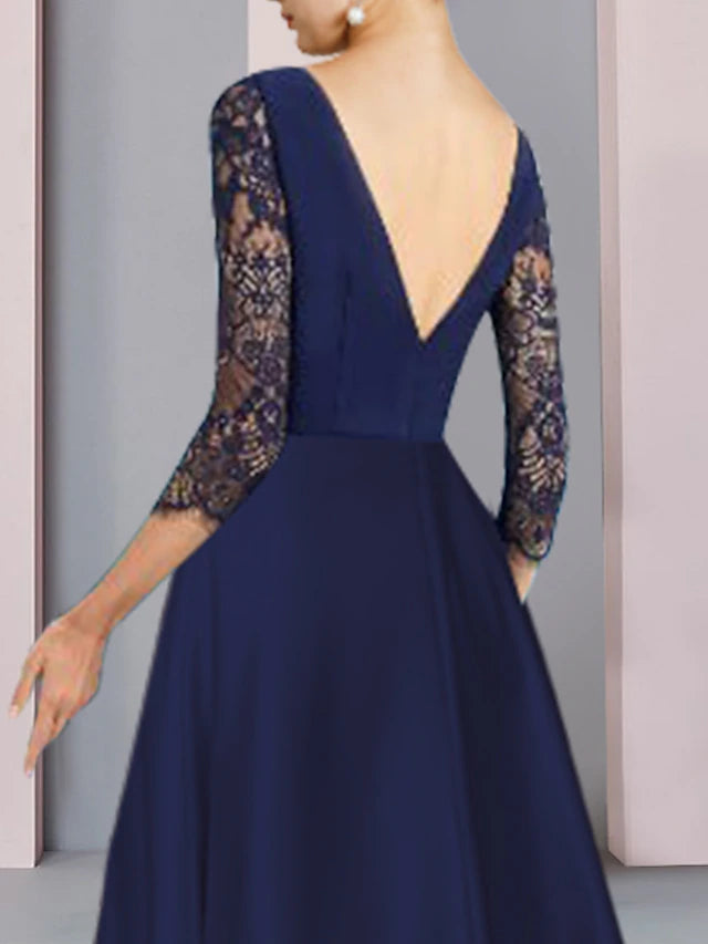 Luolandi A-Line Mother of the Bride Dress Formal Church Party Elegant Scoop Neck Knee Length Lace 3/4 Length Sleeve