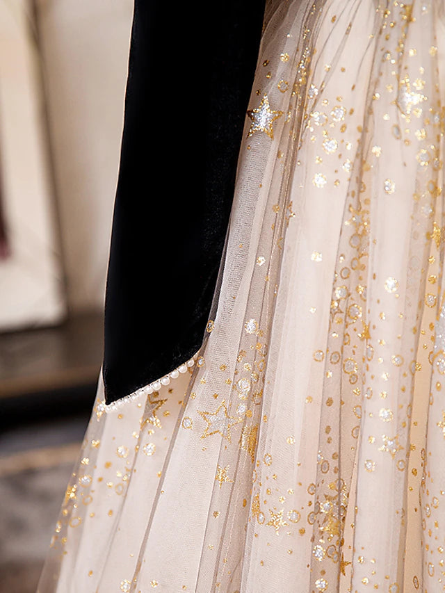 Luolandi A-Line Prom Dresses Sparkle & Shine Dress Engagement Floor Length Long Sleeve Sweetheart Tulle