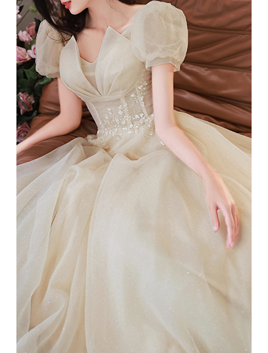 Luolandi A-Line Prom Dresses Sparkle & Shine Dress Prom Valentine's Day Floor Length Short Sleeve V Neck Tulle