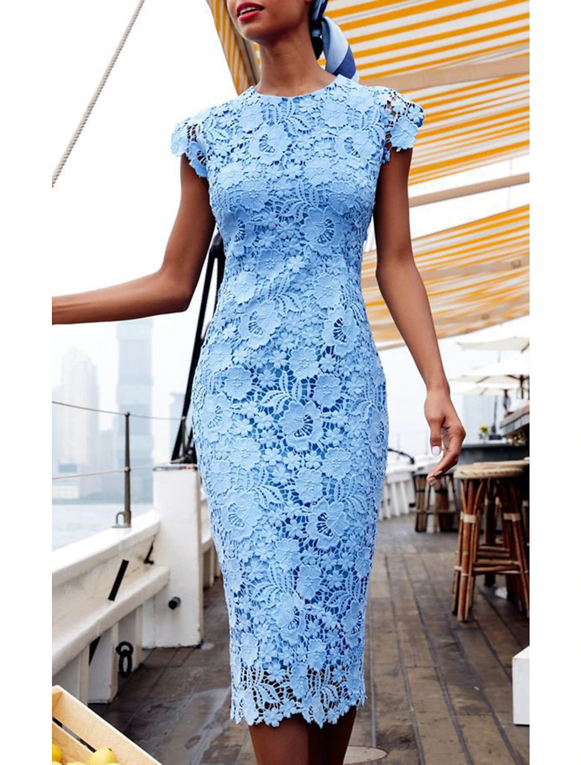 Luolandi Sheath / Column Cocktail Dresses Vintage Dress Wedding Guest Tea Length Short Sleeve Jewel Neck Lace with Lace Insert