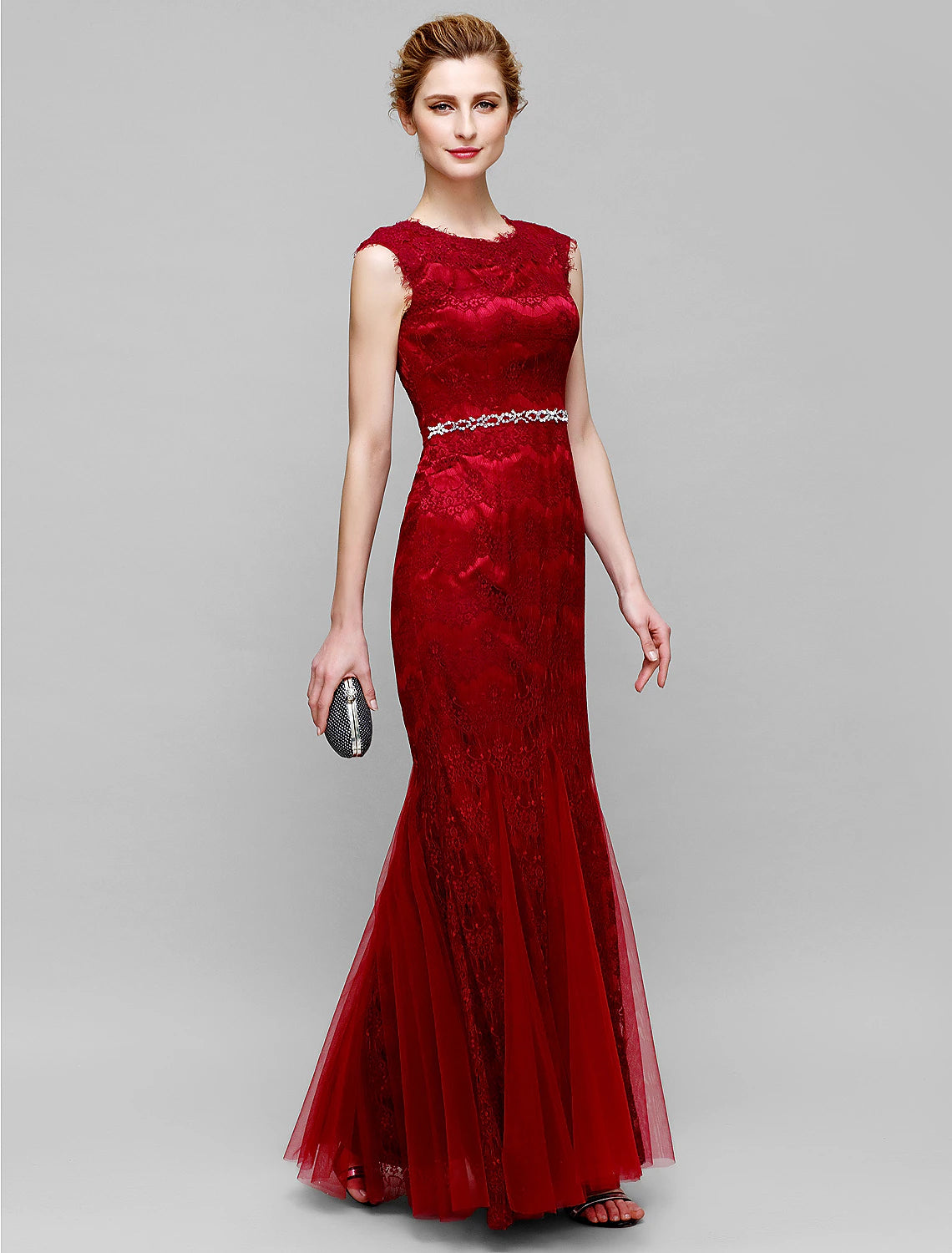 Luolandi Mermaid / Trumpet Mother of the Bride Dress Jewel Neck Ankle Length Lace Tulle Sleeveless No with Lace