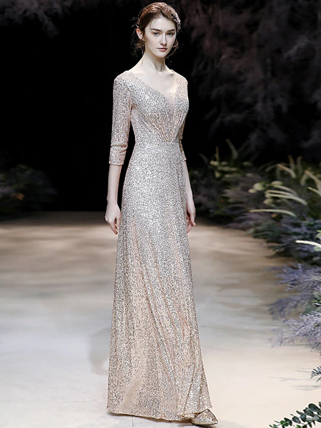 Luolandi A-Line Prom Dresses Sparkle Dress Engagement Floor Length 3/4 Length Sleeve V Neck Sequined with Pleats