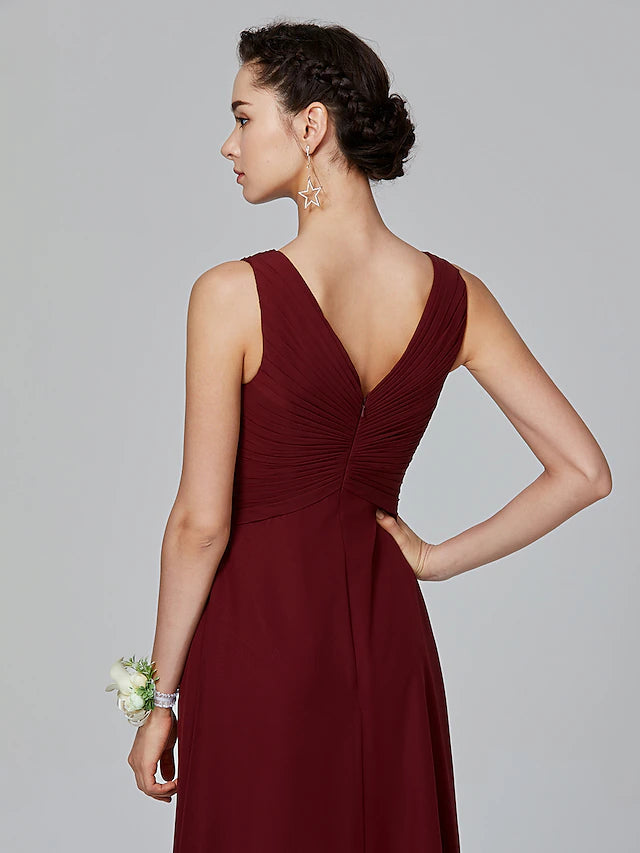 Luolandi A-Line Bridesmaid Dress V Neck Sleeveless Floor Length Chiffon with Criss Cross / Side