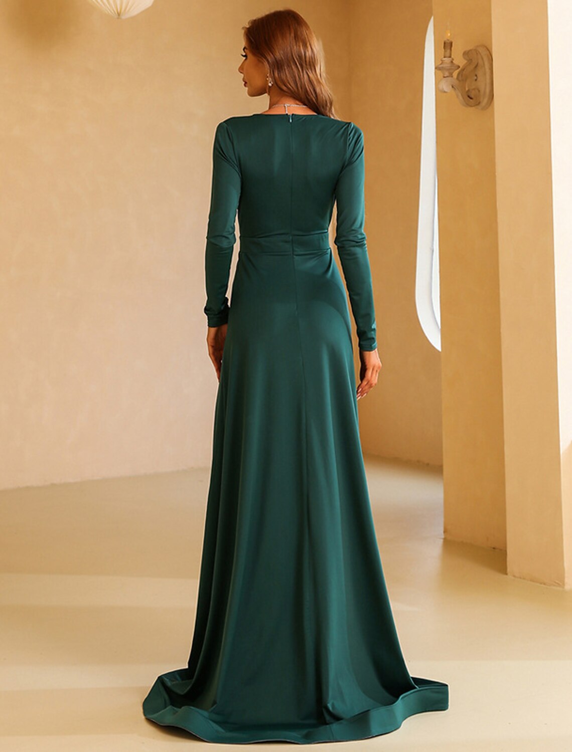 A-Line Evening Gown Vintage Dress Wedding Guest Christmas Red Green Dress Sweep / Brush Train Long Sleeve V Neck Polyester with Slit