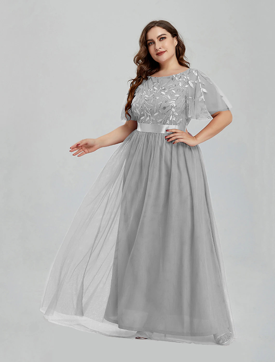 Luolandi A-Line Prom Dresses Floral Dress Party Wear Quinceanera Floor Length Short Sleeve Jewel Neck Bridesmaid Dress Tulle Wedding Guest Dress