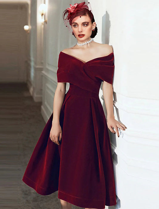 A-Line Cocktail Dresses 1950s Dress Fall Wedding Guest Dress Knee Length Short Sleeve Off Shoulder Velvet with Pleats